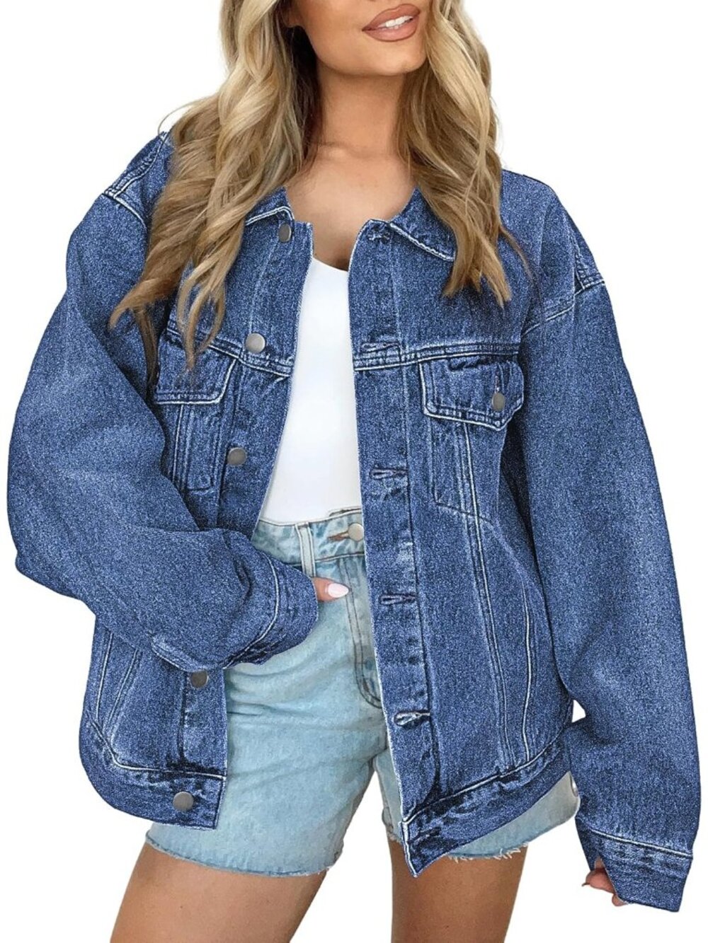 〽️ Women’s Dark Blue Oversized Button Down Loose Fit Pockets Denim Jeans Jacket
